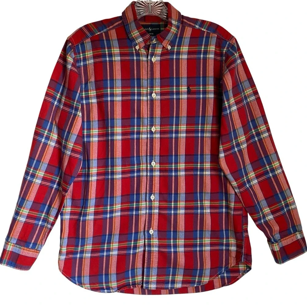 Ralph Lauren Shirt Boy Size L/14-16 Red Tartan Long Sleeve Button Down Preppy